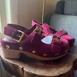 Charlotte Stone Burgundy Suede Mules with Gold Buckles
